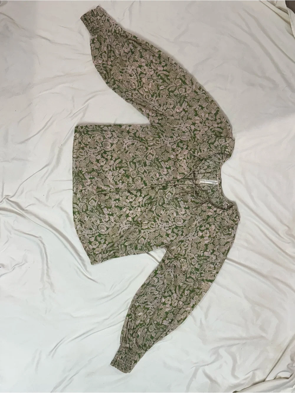 Anthropologie Green Floral Puff Sleeve Peasant Blouse M